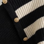 Women’s Buckle Sleeve Black White Strip Gold Button Detail High Neck Knit Jumper