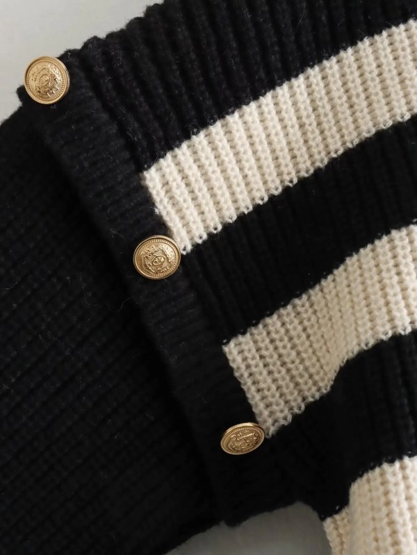 Women’s Buckle Sleeve Black White Strip Gold Button Detail High Neck Knit Jumper