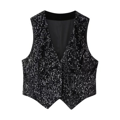 Women’s Sleeveless Sequences Short Vest Coat + High Waist Shorts Set