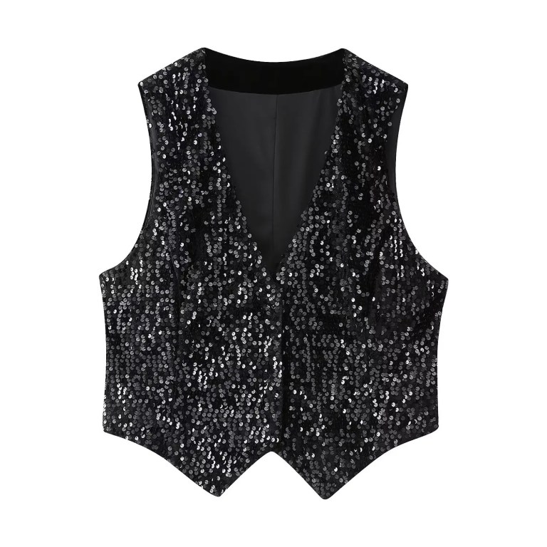 Women’s Sleeveless Sequences Short Vest Coat + High Waist Shorts Set
