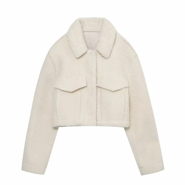 Womens Fleece Short Shirt Pocket Vintage Coat