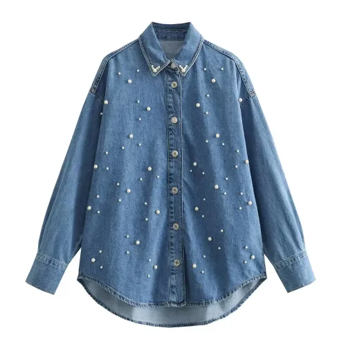Women’s Pearl Detail Denim Vintage Long-sleeved Shirt Women’s Pearl Detail Denim Vintage Long-sleeved Shirt