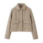 Womens Casual Polo Collar Long Sleeve Textured Straight Cut Jacket