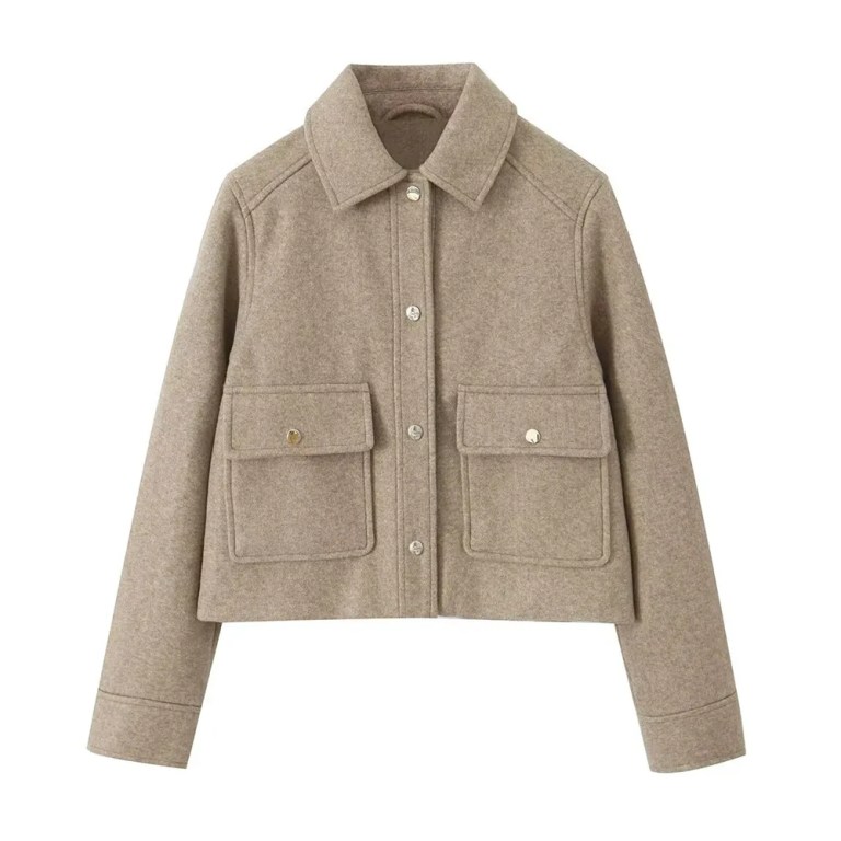 Womens Casual Polo Collar Long Sleeve Textured Straight Cut Jacket