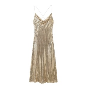 Womens Gold Mesh Spaghettini Strap Backless Slim Mini Party Dress