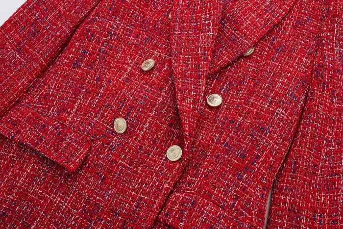 Womens Red Tweed Double Breasted Gold Button Detail Blazer