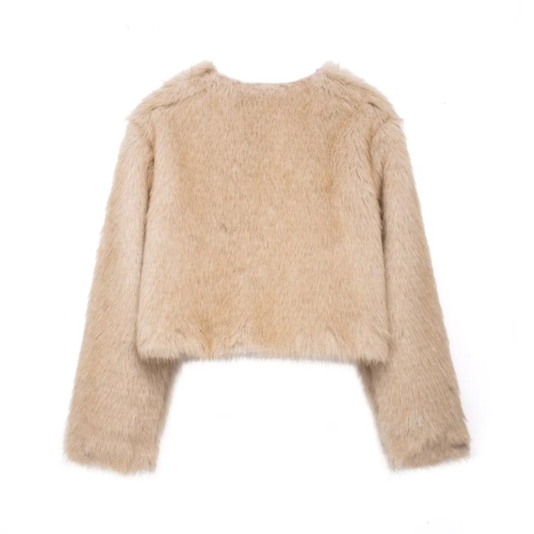Women Faux Fur Cream Vintage Round Collar Jacket Women Faux Fur Cream Vintage Round Collar Jacket