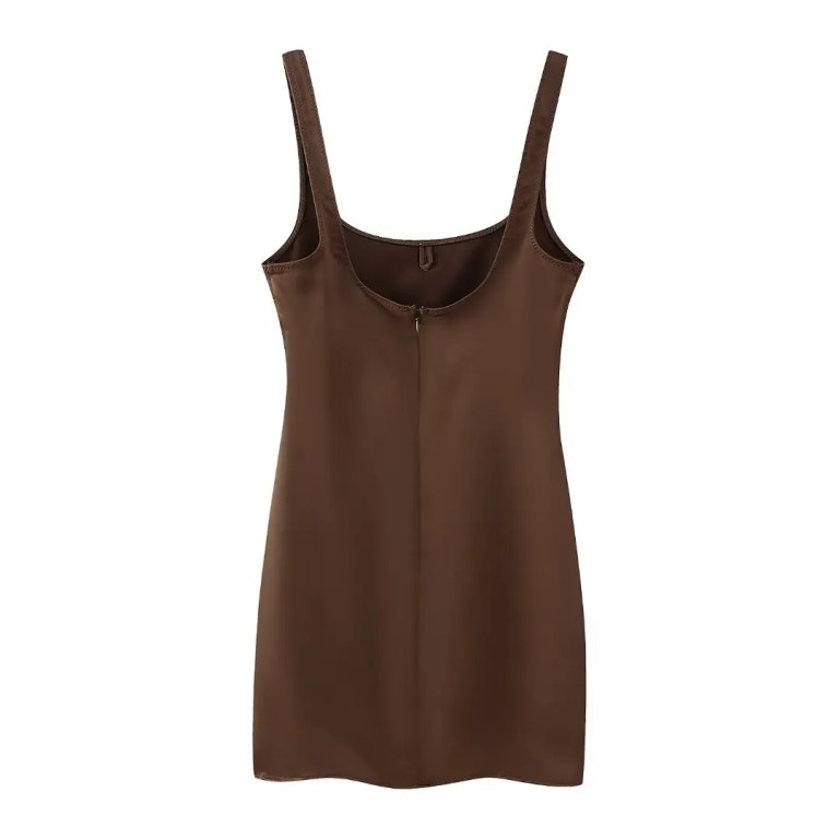 Womens Silk Satin Nude Slim Fit Strap Mini Dress in Chocolate