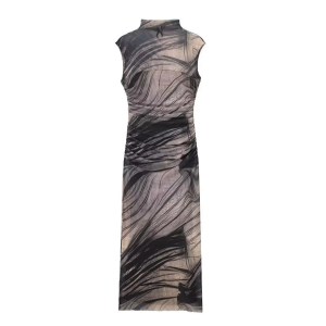 Womens Juan Mesh Sleeveless Ruched Slim Fit Print Midi Dress