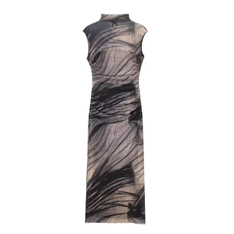 Womens Juan Mesh Sleeveless Ruched Slim Fit Print Midi Dress Womens Juan Mesh Sleeveless Ruched Slim Fit Print Midi Dress