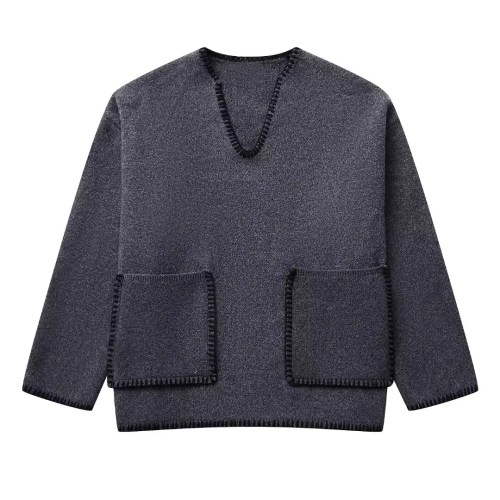Womens Straight V Cut Neck Kint Jumper with woven Pockets Dark Grey Womens Straight V Cut Neck Kint Jumper with woven Pockets Dark Grey