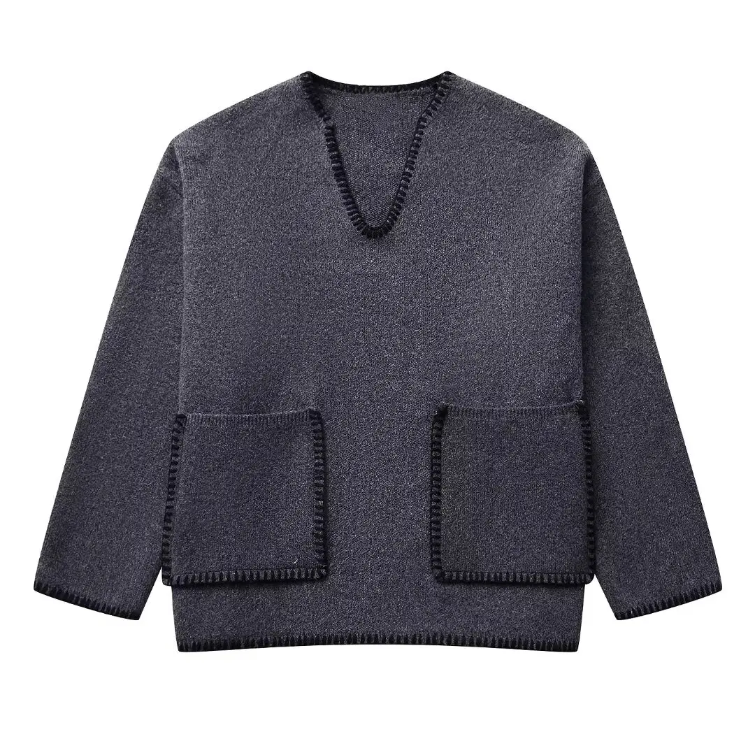 Womens Straight V Cut Neck Kint Jumper with woven Pockets Dark Grey