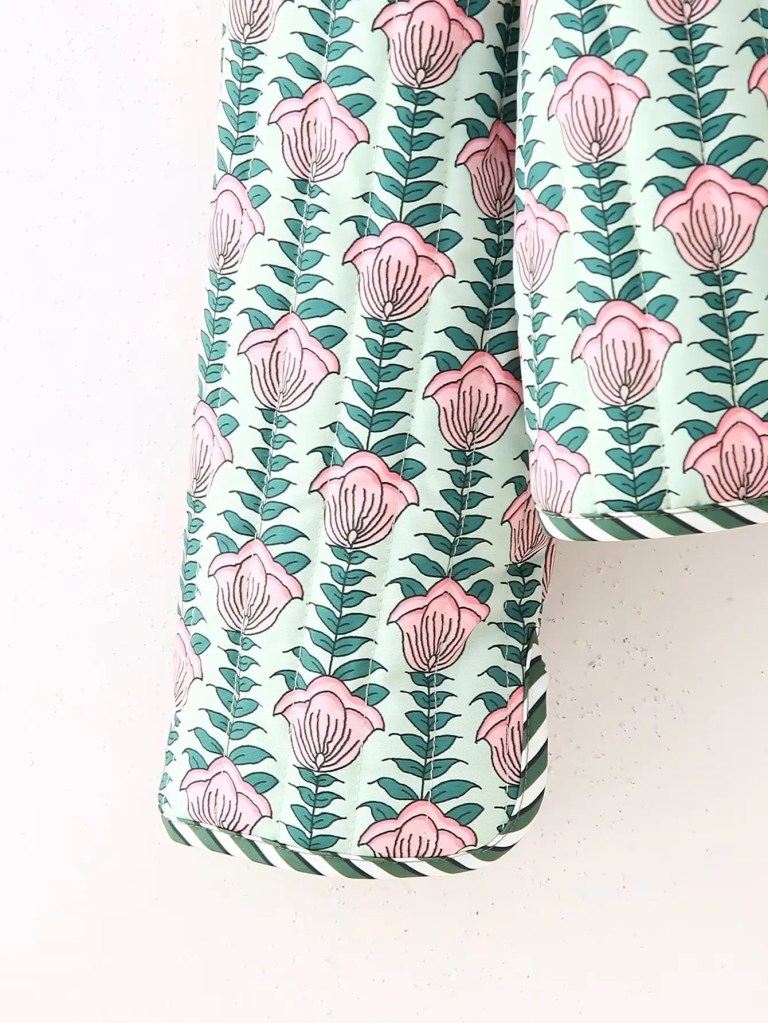 Womens Floral Print Fan Quilted Vintage Coat Pink Green Womens Floral Print Fan Quilted Vintage Coat Pink Green