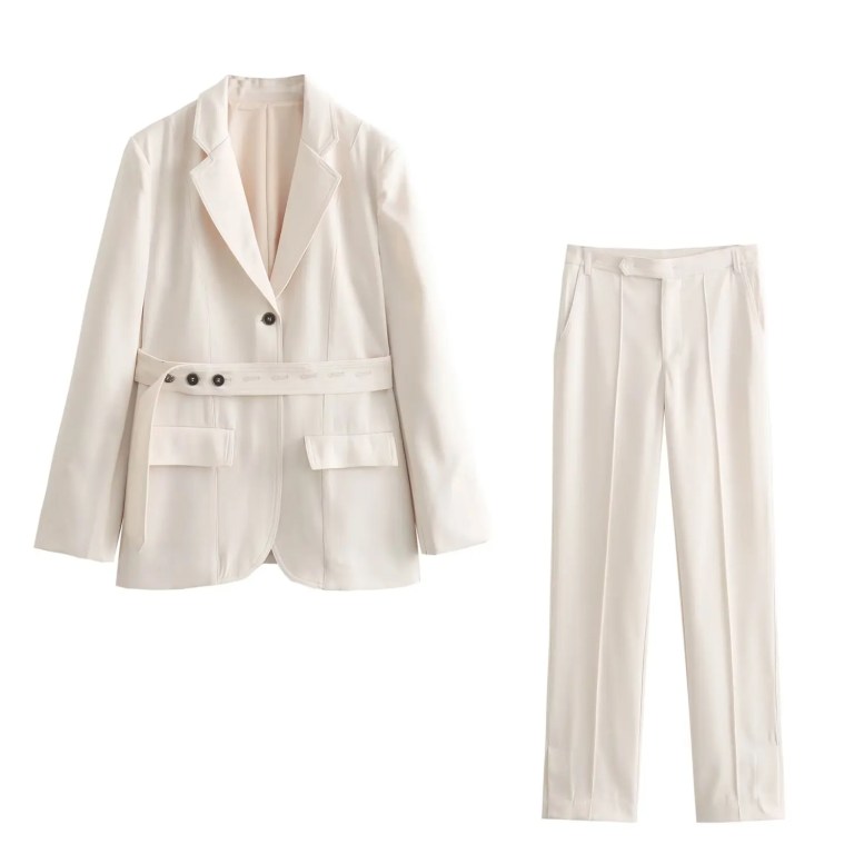 Womens Straight Jacket Belt White Blazer + Slit Mid Waist Straight Pants Set