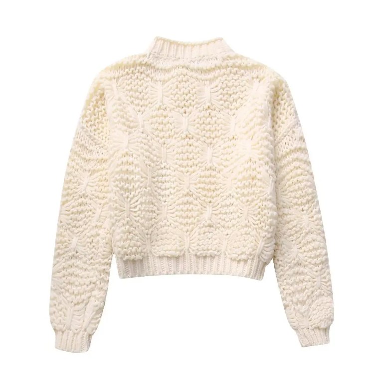 Womens Textured Ivory Knit Round Collar Jumper