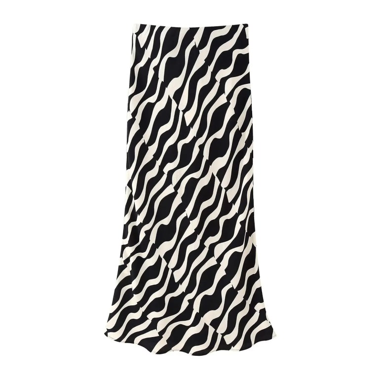Womens Black & White Swirl Print Shirt + Midi Skirt Set