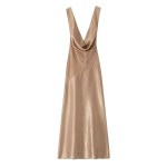 Womens Silk Satin Glam Low Cut Backless Midi Dress in Champagne Gold Womens Silk Satin Glam Low Cut Backless Midi Dress in Champagne Gold
