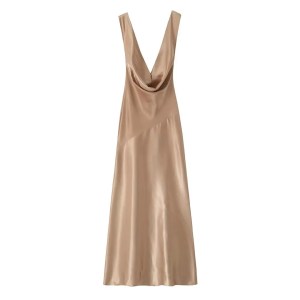 Womens Silk Satin Glam Low Cut Backless Midi Dress in Champagne Gold