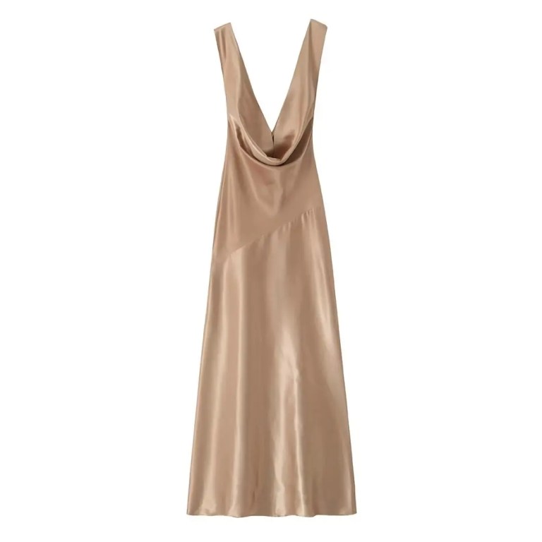 Womens Silk Satin Glam Low Cut Backless Midi Dress in Champagne Gold Womens Silk Satin Glam Low Cut Backless Midi Dress in Champagne Gold