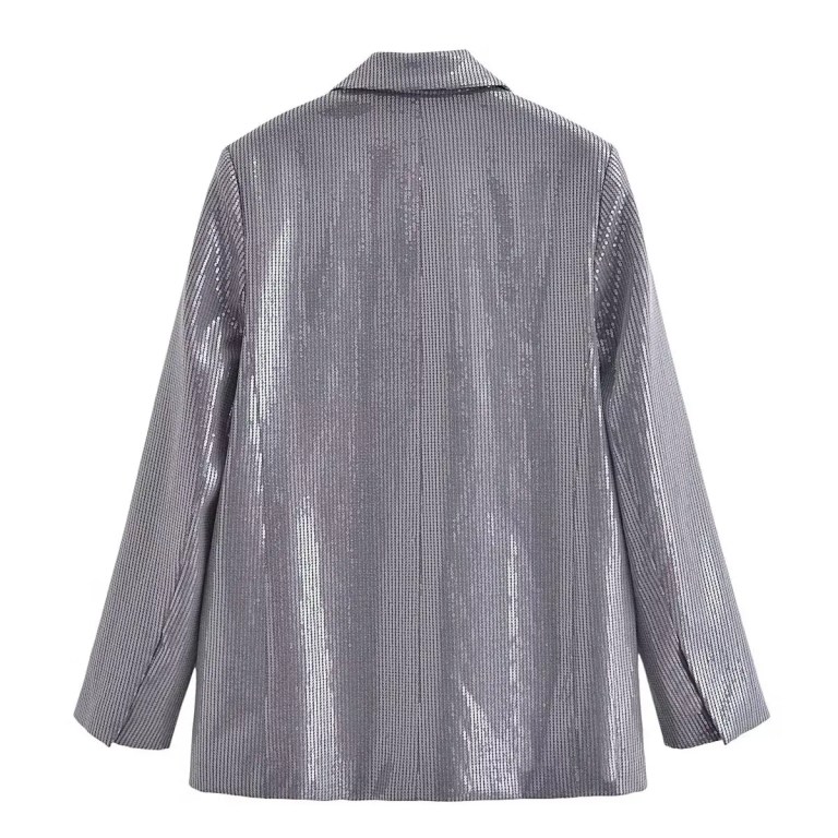 Womens Metallic Silver Straight Cut Sequin Blazer