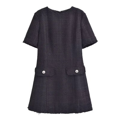Womens Classic Black or White Short sleeve Tweed Mini Dress with Button Detail