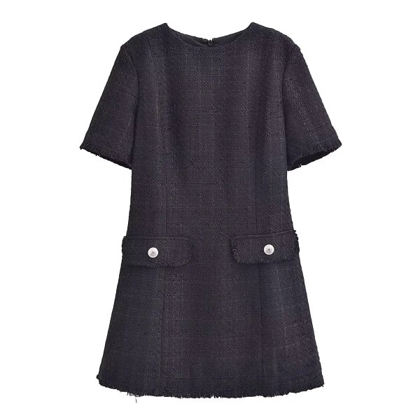 Womens Classic Black or White Short sleeve Tweed Mini Dress with Button Detail