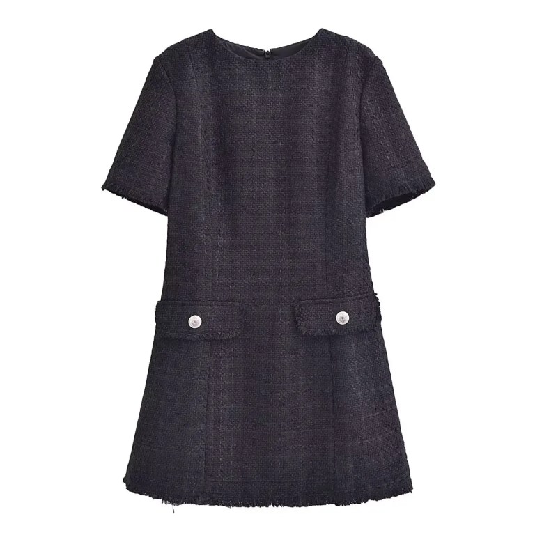 Womens Classic Black or White Short sleeve Tweed Mini Dress with Button Detail