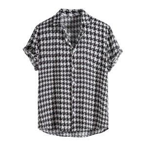 Summer Cotton Blend Men’s Houndstooth Plaid Short Sleeve Shirt – Streetwear Fashion