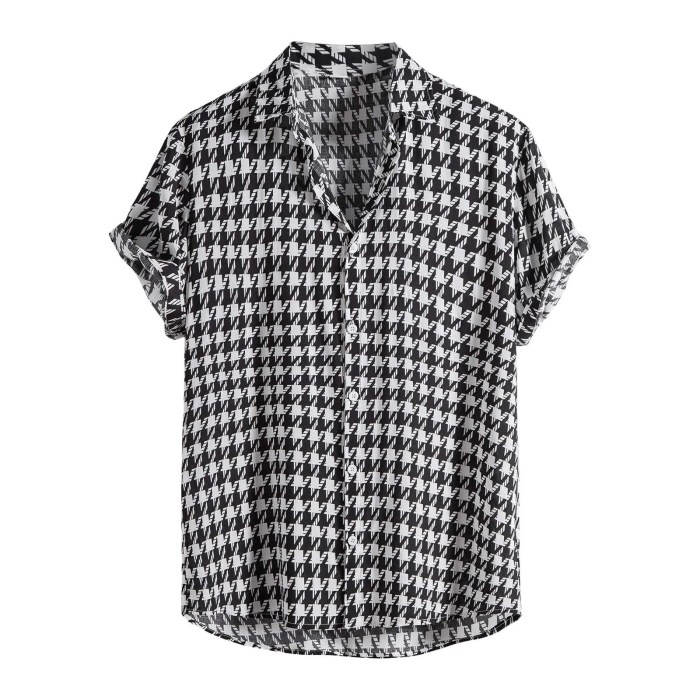 Summer Cotton Blend Men’s Houndstooth Plaid Short Sleeve Shirt – Streetwear Fashion