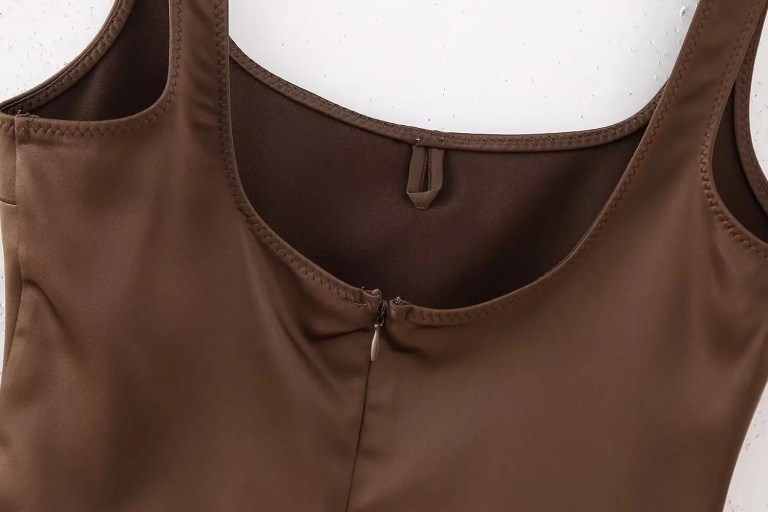 Womens Silk Satin Nude Slim Fit Strap Mini Dress in Chocolate