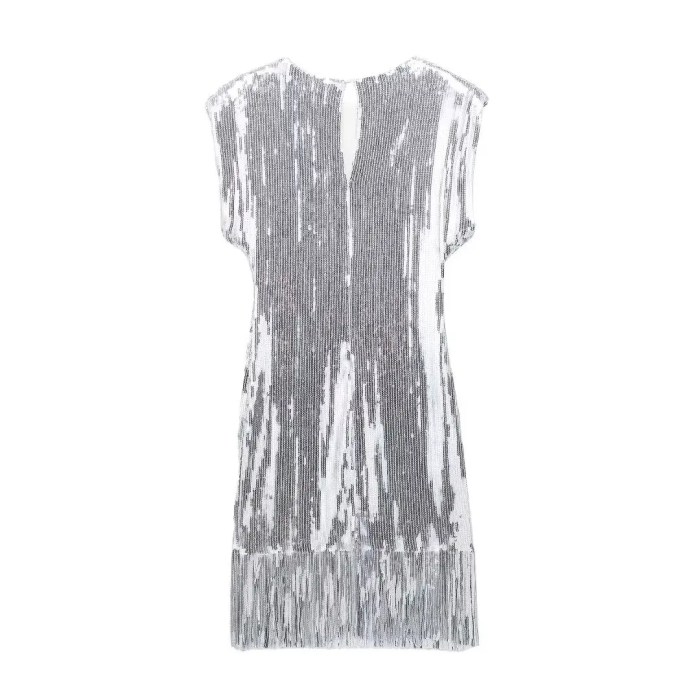 Womens Sleeveless Sequined Tassel Silver Round Collar Mini Dress Womens Sleeveless Sequined Tassel Silver Round Collar Mini Dress