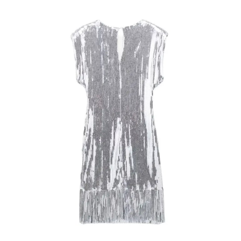 Womens Sleeveless Sequined Tassel Silver Round Collar Mini Dress Womens Sleeveless Sequined Tassel Silver Round Collar Mini Dress