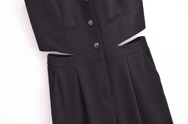 Womens Pleated Long Drop V Neck Side Cutout Vest Playsuit