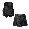 Women’s Sleeveless Sequences Short Vest Coat + High Waist Shorts Set