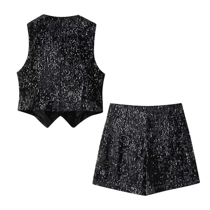 Women’s Sleeveless Sequences Short Vest Coat + High Waist Shorts Set