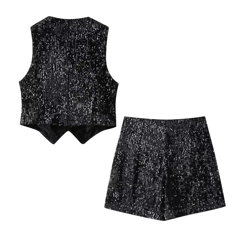 Women’s Sleeveless Sequences Short Vest Coat + High Waist Shorts Set