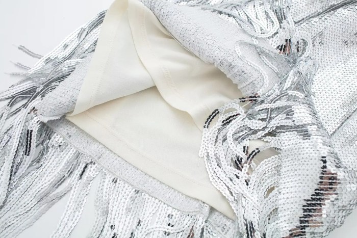 Womens Sleeveless Sequined Tassel Silver Round Collar Mini Dress Womens Sleeveless Sequined Tassel Silver Round Collar Mini Dress