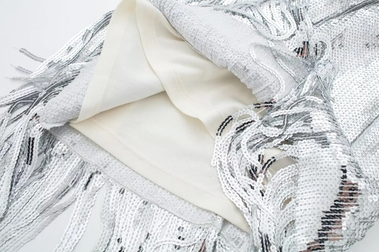 Womens Sleeveless Sequined Tassel Silver Round Collar Mini Dress Womens Sleeveless Sequined Tassel Silver Round Collar Mini Dress