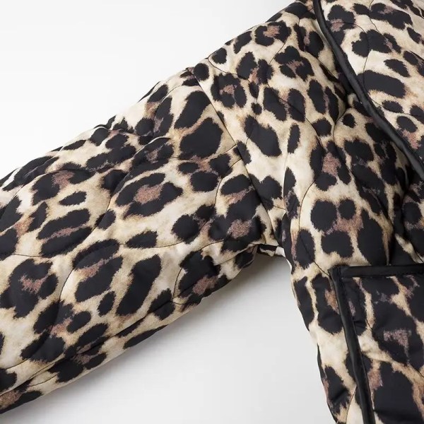 Womens Leopard-print Quilted Jacket Vintage Long-sleeve Pocket
