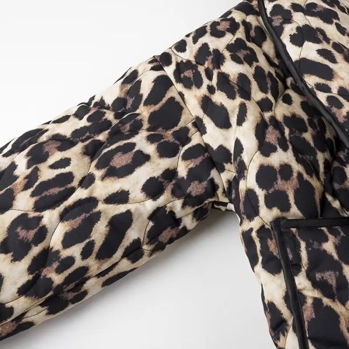 Womens Leopard-print Quilted Jacket Vintage Long-sleeve Pocket Womens Leopard-print Quilted Jacket Vintage Long-sleeve Pocket