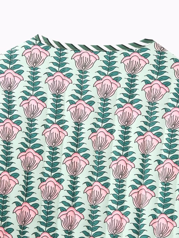 Womens Floral Print Fan Quilted Vintage Coat Pink Green