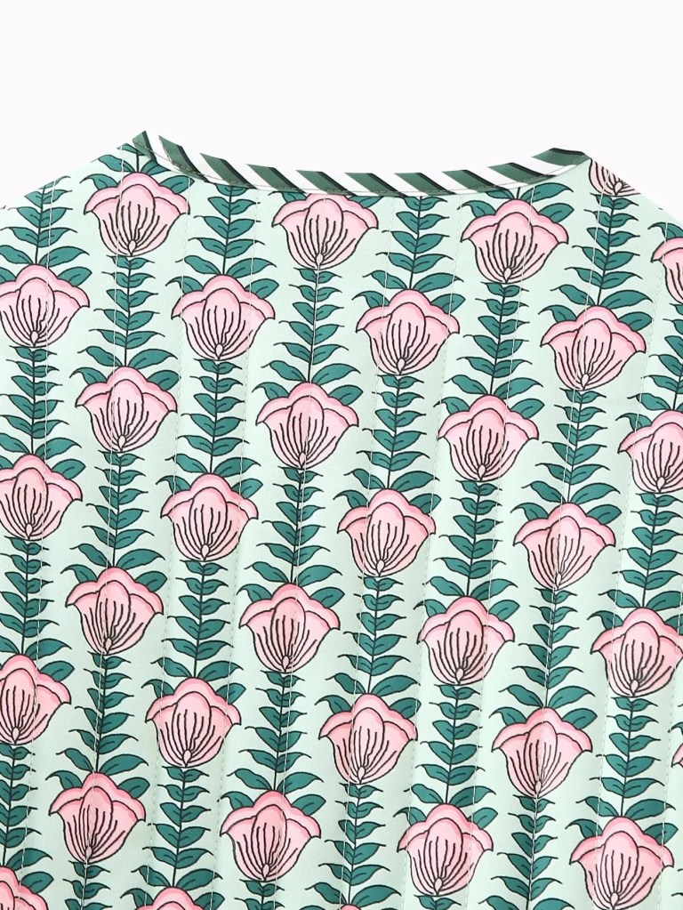 Womens Floral Print Fan Quilted Vintage Coat Pink Green Womens Floral Print Fan Quilted Vintage Coat Pink Green