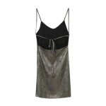 Womens Metallic Foil Thin Strap Backless Low cut Slim Fit Mini dress