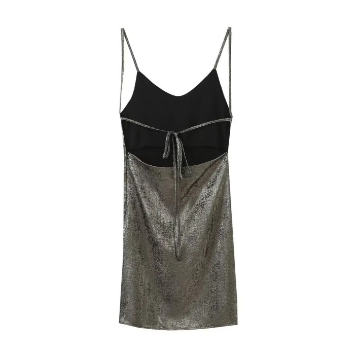 Womens Metallic Foil Thin Strap Backless Low cut Slim Fit Mini dress