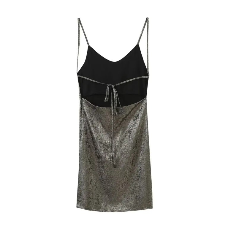 Womens Metallic Foil Thin Strap Backless Low cut Slim Fit Mini dress