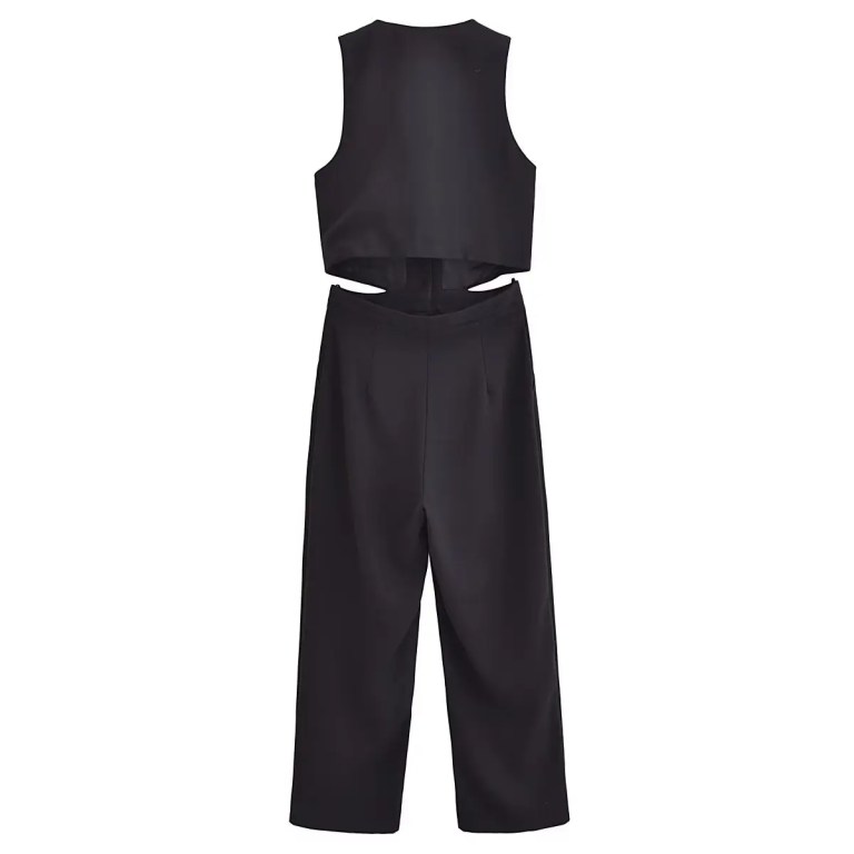 Womens Pleated Long Drop V Neck Side Cutout Vest Playsuit