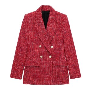 Womens Red Tweed Double Breasted Gold Button Detail Blazer