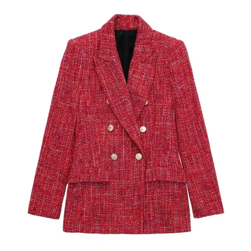 Womens Red Tweed Double Breasted Gold Button Detail Blazer