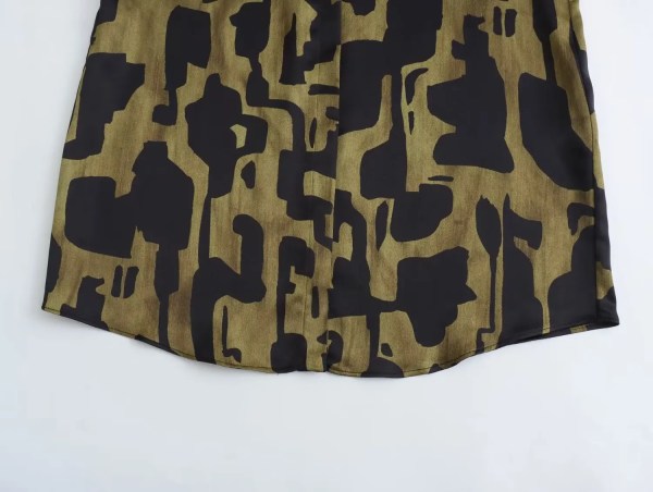 Womens Black Military Green Silk Satin Print Shirt Gold Button Detail Womens Black Military Green Silk Satin Print Shirt Gold Button Detail