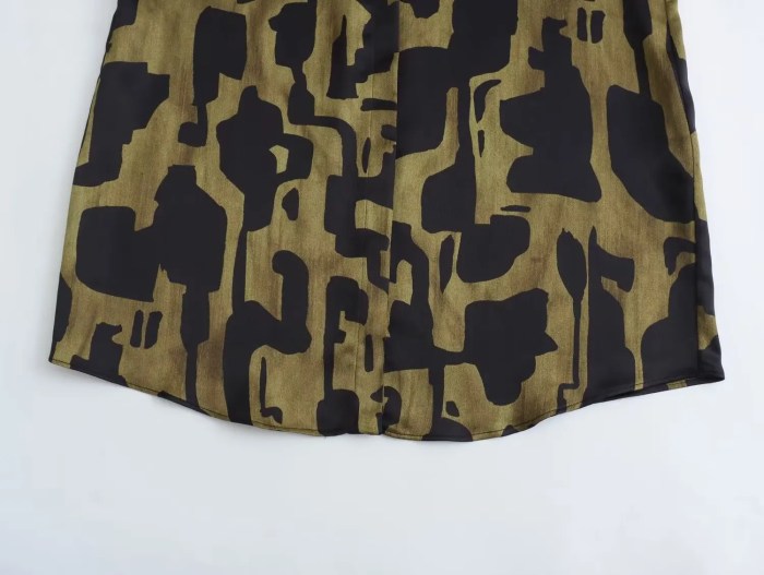 Womens Black Military Green Silk Satin Print Shirt Gold Button Detail Womens Black Military Green Silk Satin Print Shirt Gold Button Detail